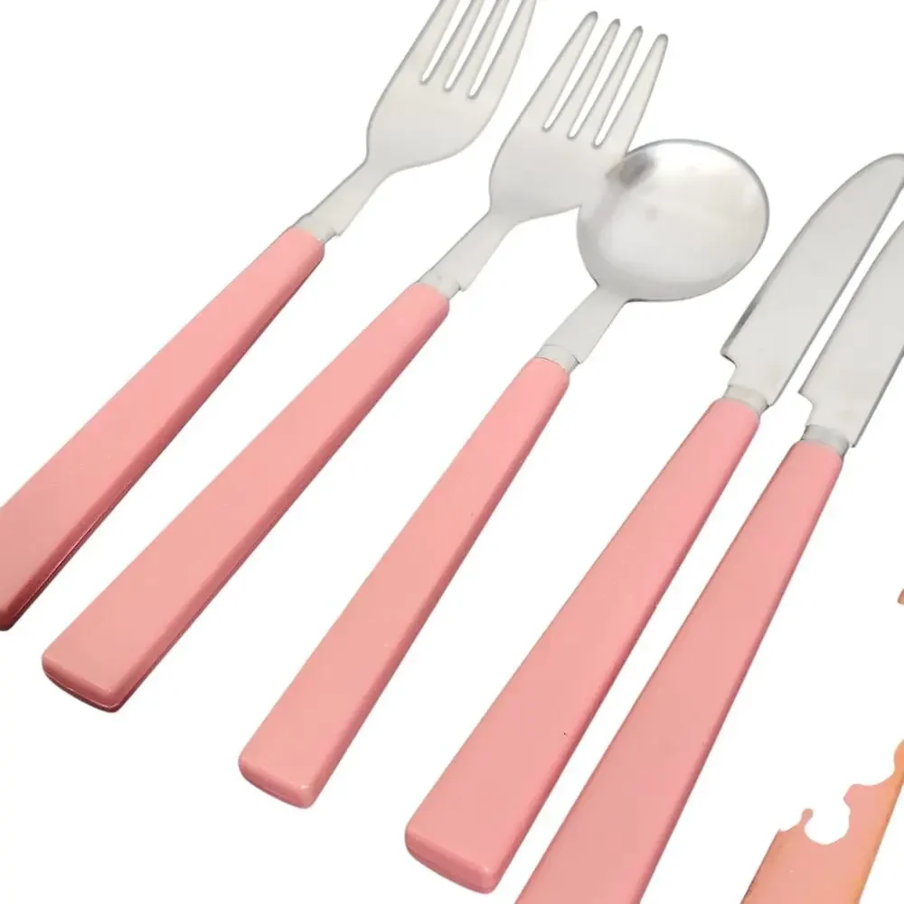 6 Pc Flatware Vtg MCM Stainless Steel Pink Plastic Handle Silverware Thailand